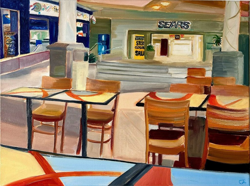 Painting of a mall food court.