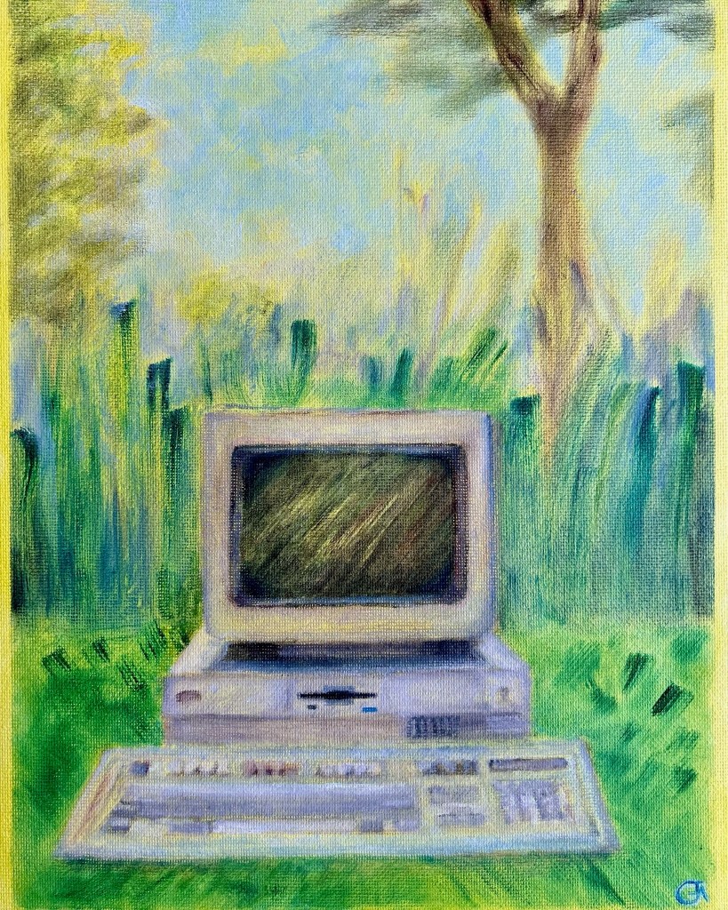 Oil painting of a vintage IBM computer in a field.