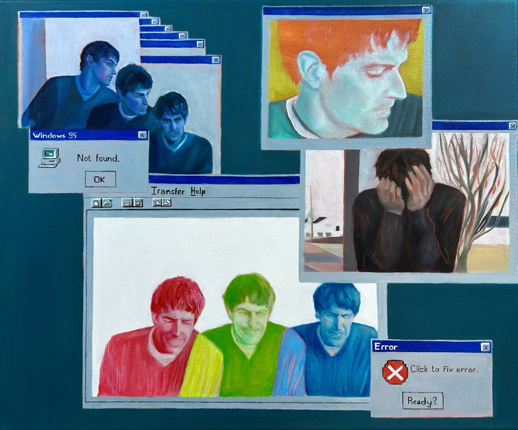 Oil painting of Stephen Malkmus of Pavement, inspired by Windows 95